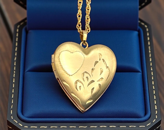Vintage 14K Gold Filled Heart Locket Necklace: Etched Tru-Kay Pendant