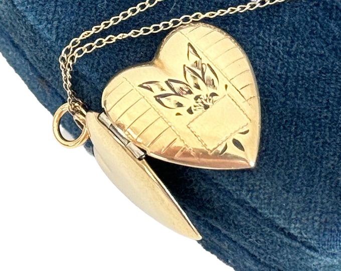 Vintage 12K Gold Filled Etched Heart Locket Necklace - Leafy Geometric Design & Cartouche - 2 Photo Pendant on 14K GF Chain - Hallmark