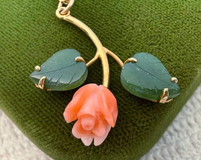 Vintage Coral & Jade Gold Filled Pendant, 14K GF Chain, Flower and Leaf Design