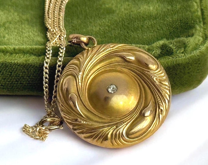 Vintage Gold Filled Locket Necklace: Repousse Diamond Monogram, 14K GF Chain