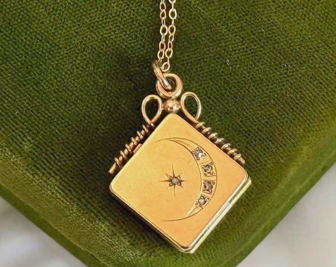 Antique Square Rose Gold Filled Fob Locket w/ Ornate Bale & 5 Diamond Chips 2 Photo Wells - 14K Rose GF Cable Chain - Vintage Estate Jewelry