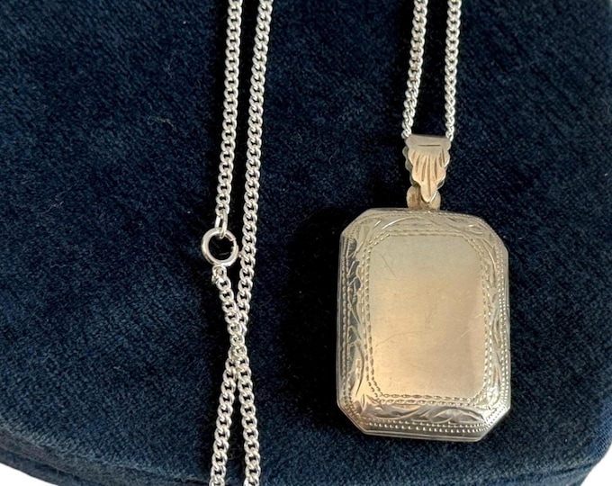 Vintage Sterling Silver Locket Necklace: Etched Feather Design, Long Curb Chain
