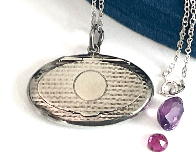 Art Deco Horizontal Oval Sterling Silver Locket Necklace - Antique English Hallmark Date 1918 -  Oval Hinged Lid 925 Pendant Adie & Lovekin