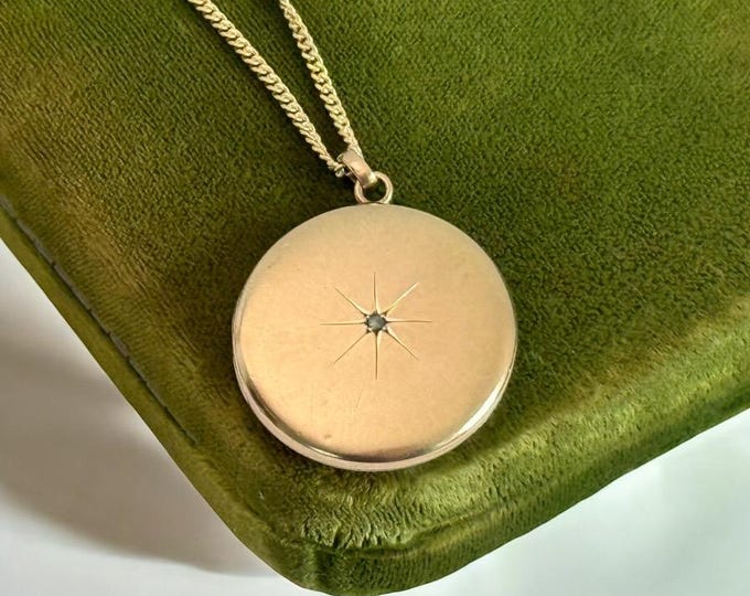 Vintage Gold Filled and Diamond Starburst Locket w/ MVL (MVS?) Monogram - Round Antique 2 Photo Well Necklace w/ L Hallmark - Estate Jewelry