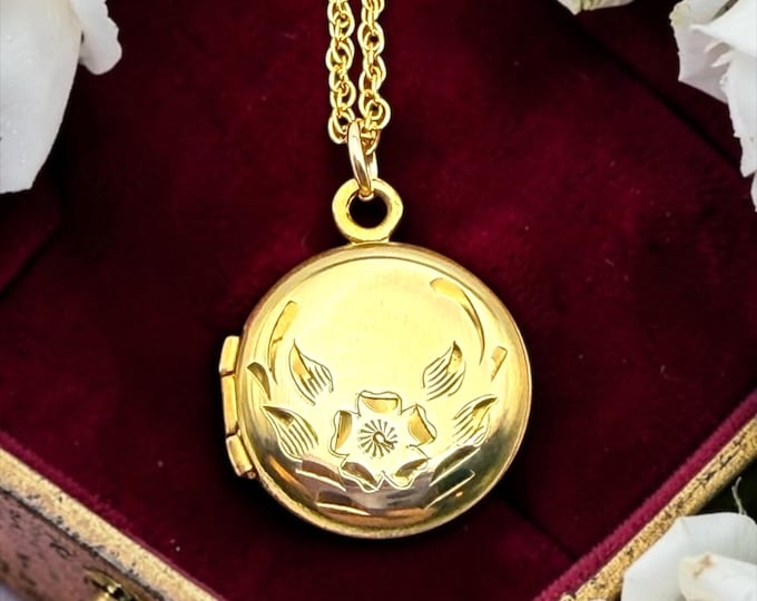 Vintage Gold Filled Small Locket Necklace: Etched Floral Design, 14K GF Chain, by WEH Hayward, Petite Charm, Memorial Jewelry, Gift for Her