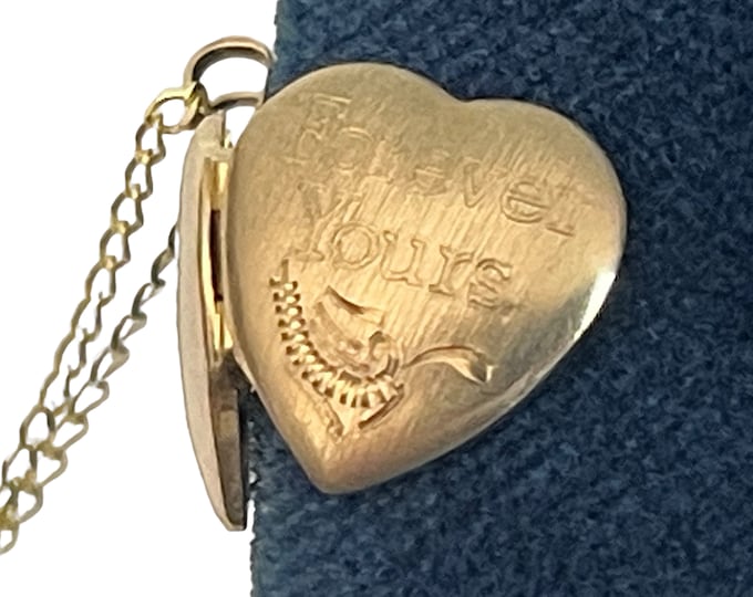Vintage 10K Gold Etched Heart Locket on 10K Gold Chain - Petite Retro Necklace Engraved “FOREVER YOURS” - Hallmarked Pendant Ca Mid century
