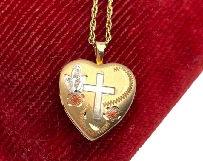 Vintage Girls Cross Heart Locket - Small 14K GF Gold Filled Petite Tricolor Flowers Pendant Necklace PPC Keepsake Religious Jewelry Gift