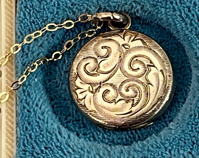 Vintage Gold Filled Locket Round Etched Ornate Swirls & Curls - Small 2 Photo Wells on 14K GF Chain - BB Bliss Bros Necklace ca Early 1900s