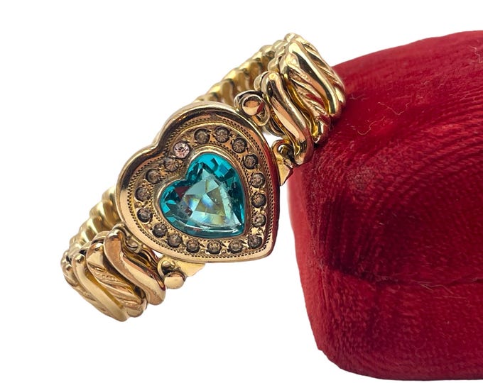 Vintage Gold Filled Expansion Bracelet - with Aqua Blue Stone Heart - Stretch S Link GF Expandable DFB Hallmark Gold Love Gift Jewelry