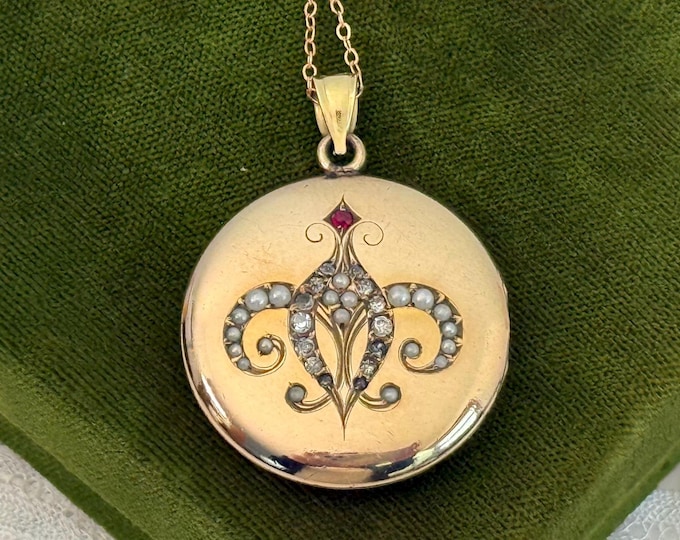 Antique Gold Filled Round Locket: Red Paste Stone, Seed Pearls, 14K Rose GF Chain