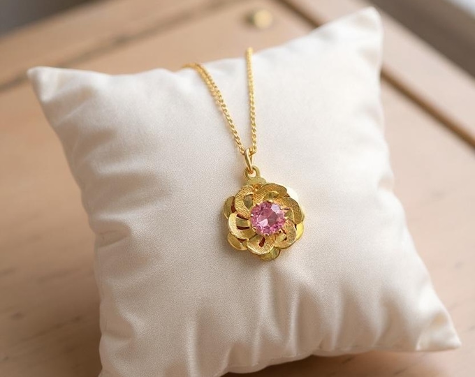 Vintage Gold Rose Flower Necklace - 14K Gold Filled with Pink Rhinestone Center by AMCO on 12K GF Chain - Gift Her Retro Floral Pendant