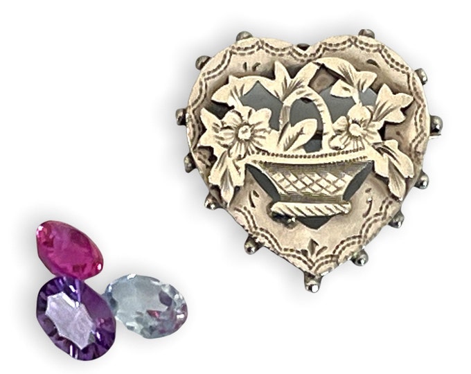 Victorian Sterling Silver Giardinetto Brooch English Hallmark - Flowers w/ Basket Heart Shape Pin - Estate Jewelry Birmingham England 1887