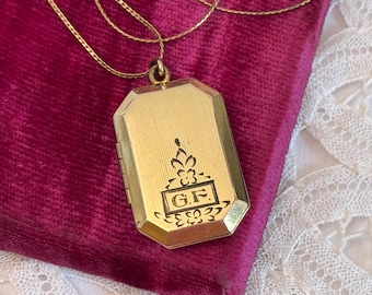 Vintage Gold Filled Locket Necklace: Art Deco Monogram Pendant, 14K GF Chain