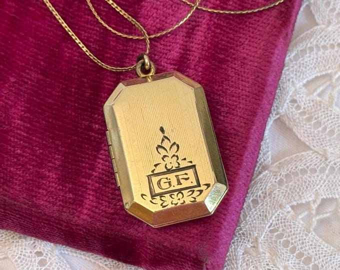 Vintage Rectangular Gold Filled Large Locket Necklace w/ Cartouche “GF” Monogram & Pinstripes w/ Hallmark  - 2 Photo Pendant on 14K GF Chain