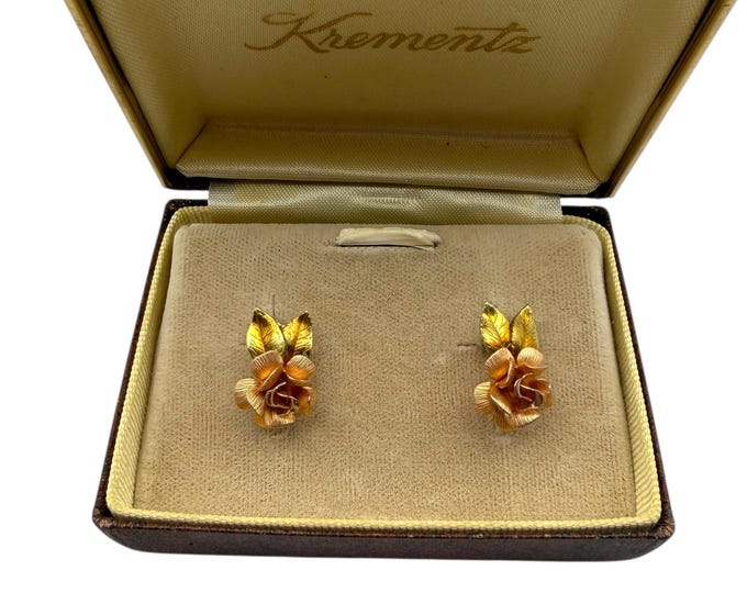Vintage Krementz Pink Rose Earrings – 14K Gold Overlay Screw Back Jewelry