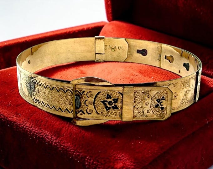 Antique Gold Bracelet - 10K Gold Filled Adjustable Flexible Bangle Victorian by W. E. W. & Co Vintage Engraved Floral Etched Belt Buckle