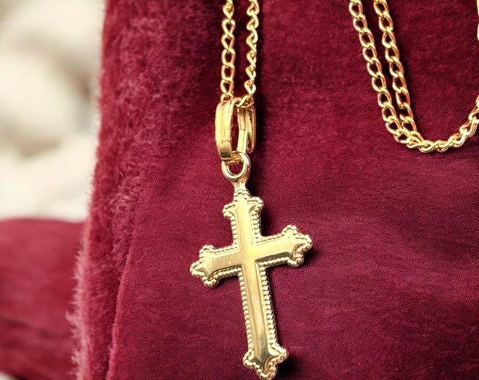 Vintage Small Yellow Gold Filled Cross Necklace - Petite Child Children's TK Tru-Kay 14K GF Chain Religious Christian Pendant Jewelry Gift