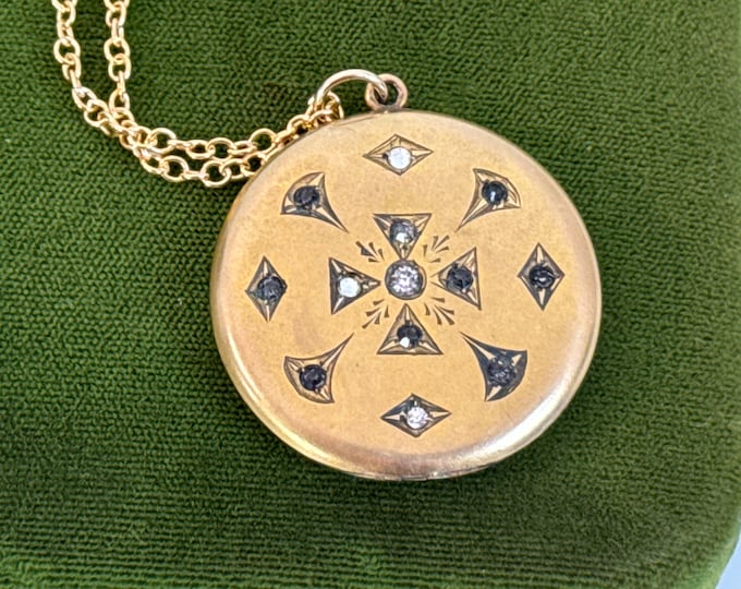 Antique Gold Filled Round Locket w/ Paste Stones - Art Nouveau Pendant - Large Circle 2 Photo Necklace Early 1900s Vintage Estate Jewelry