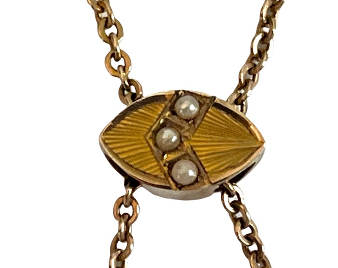 Antique Gold Filled Lorgnette Necklace: Seed Pearl Slide, Simmons Dog Clip