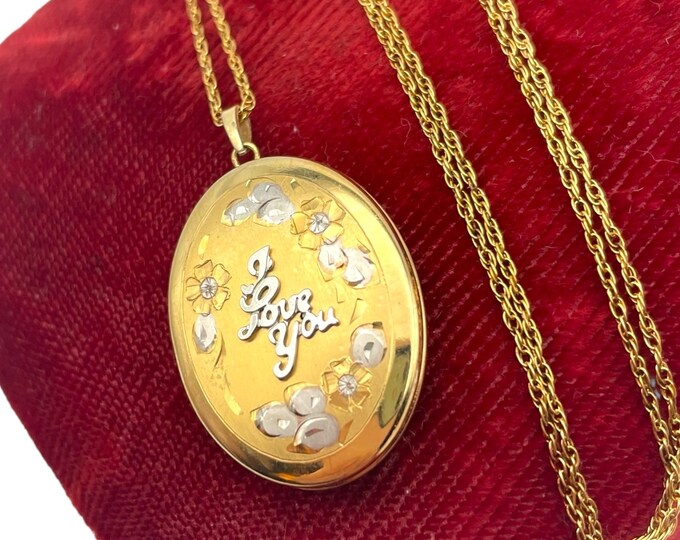 Vintage 14K Gold Filled "I Love You" Oval Locket Necklace - 4 Photo GF Etched Tru-Kay TK Hallmarked Pendant Charm Jewelry Gift for Her Love