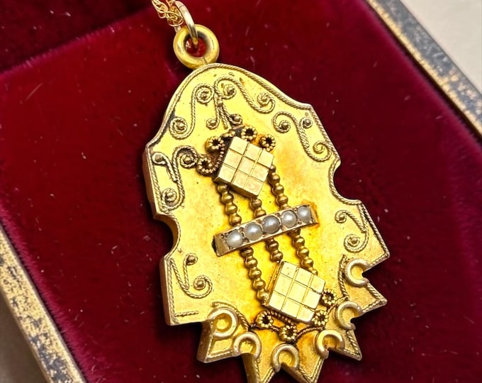 Antique Victorian Locket Necklace, Seed Pearls, 14K GF Chain, Etruscan Pendant, Heirloom Jewelry