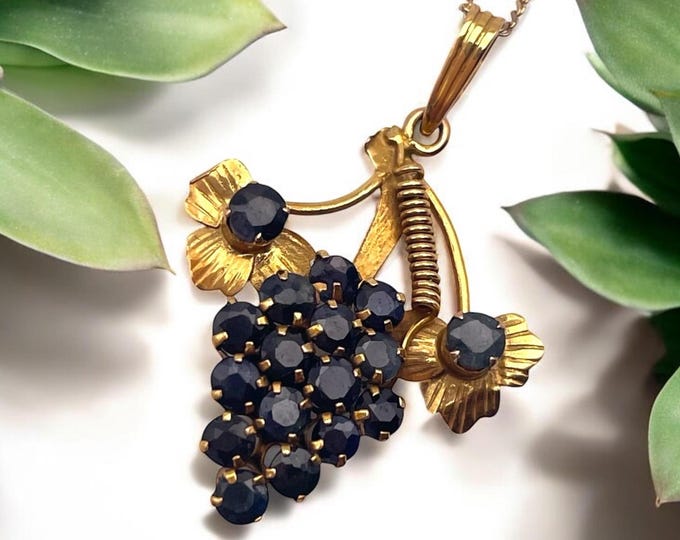 Antique Grape Bunch Cluster Gold Leaves Pendant Necklace -  London Blue Topaz Stone 10K Yellow Gold Edwardian Vintage Jewelry Gift for Her
