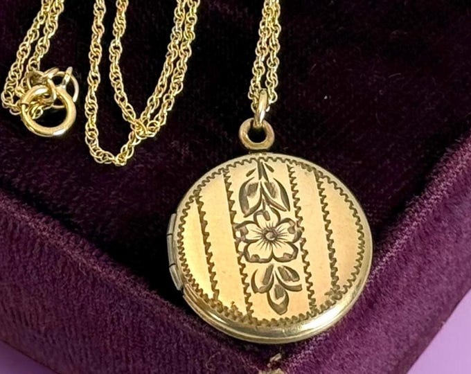 Vintage 12K Gold Filled Locket Necklace – Etched Floral Design, Two Photo Pendant, 14K Chain