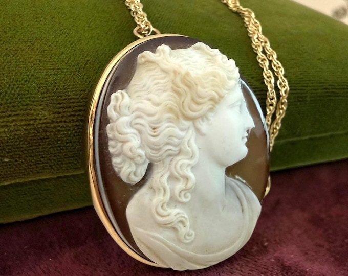 Victorian 14K Gold Cameo Pendant Necklace: Large Carved Stone on Long Gold Filled Chain