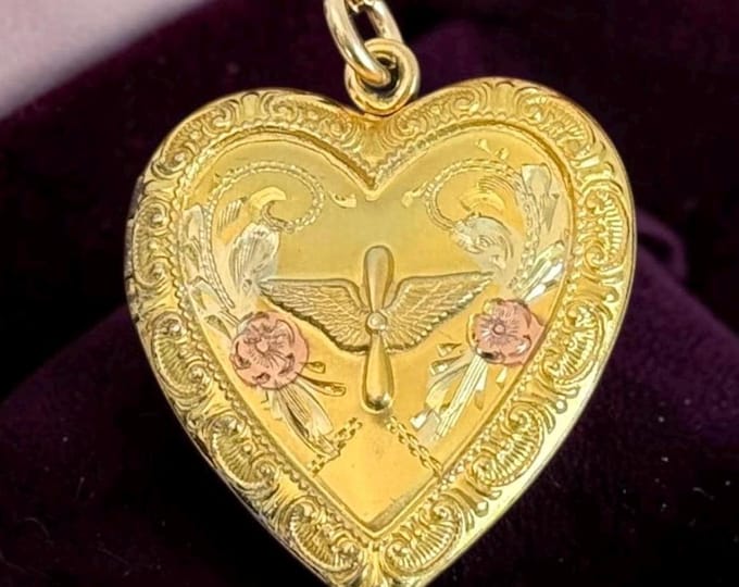 Vintage 12K Gold Filled Sterling Locket Necklace, US Army Air Corp Heart, 1940s Repousse