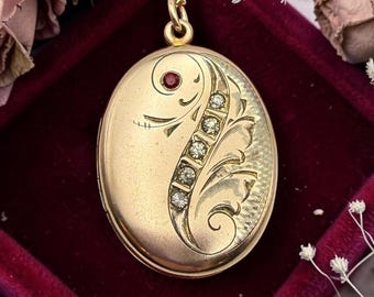 Antique Gold Filled Locket Necklace: Oval Etched Floral Little Beatrice RBM Edwardian Jewelry