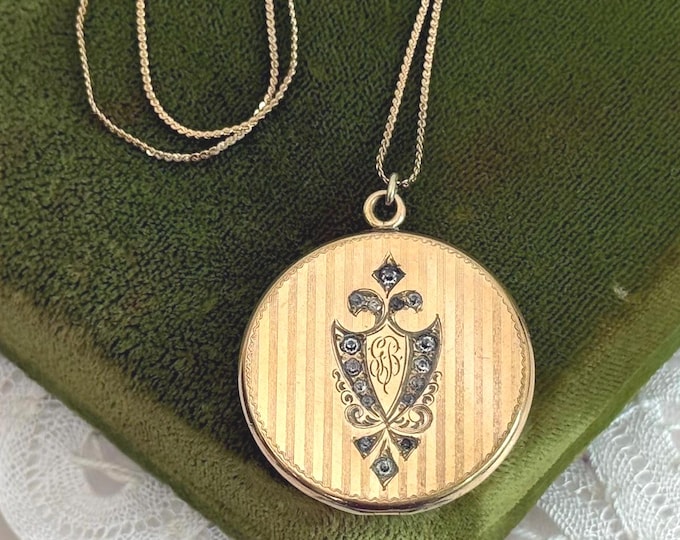 Antique Art Deco Gold Filled Locket Necklace: Etched Monogram, Paste Stones