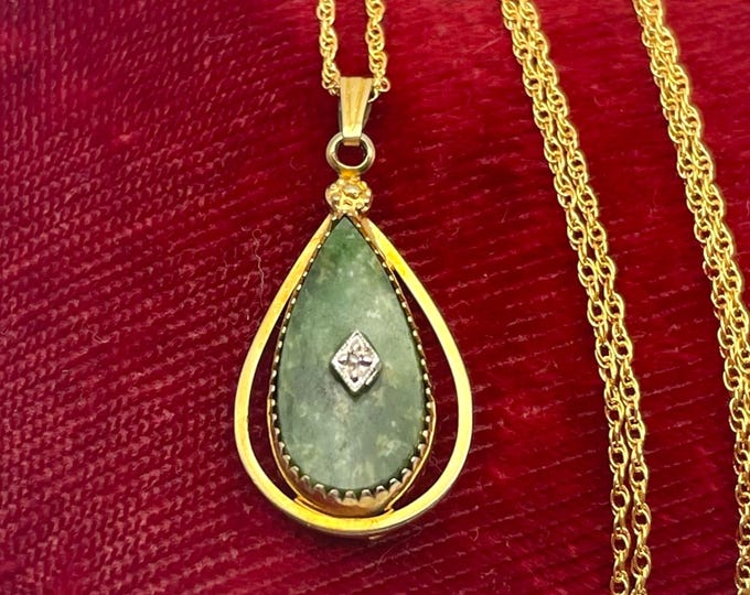 Vintage 12K Gold Filled Green Nephrite Jade Diamond Teardrop Pendant Necklace - on 14K GF Chain Catamore Hallmark 1960s Jewelry Gift for Her