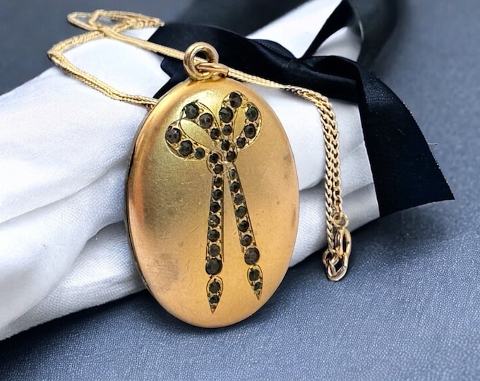Antique Gold filled Locket Ornate Oval w/ Bow w/ Paste Gems W&H Hallmark on 14K GF Chain - Ca 1920s 2 Photo Wells - Vintage Estate Jewelry