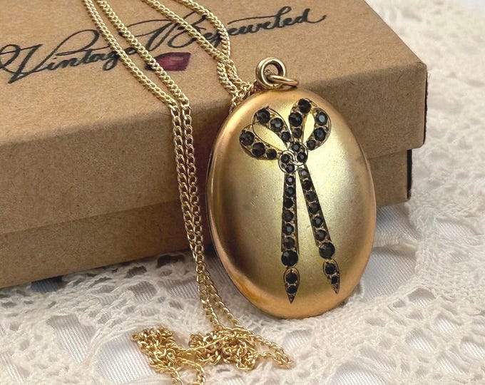 Antique Gold Filled Oval Locket: Ornate Bow, Paste Gems, 14K GF Chain