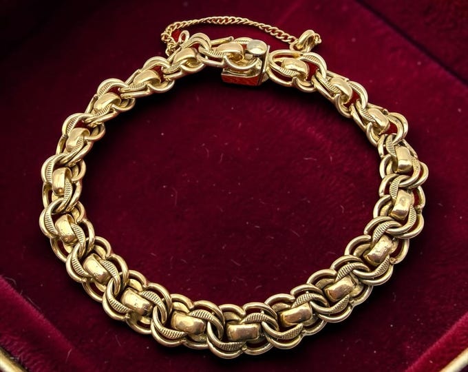 Vintage 12K Gold Filled Charm Bracelet – Heavy Double Link with Beaded Center by Binder Brothers MCM Era, Textured Beaded Gold Bracelet