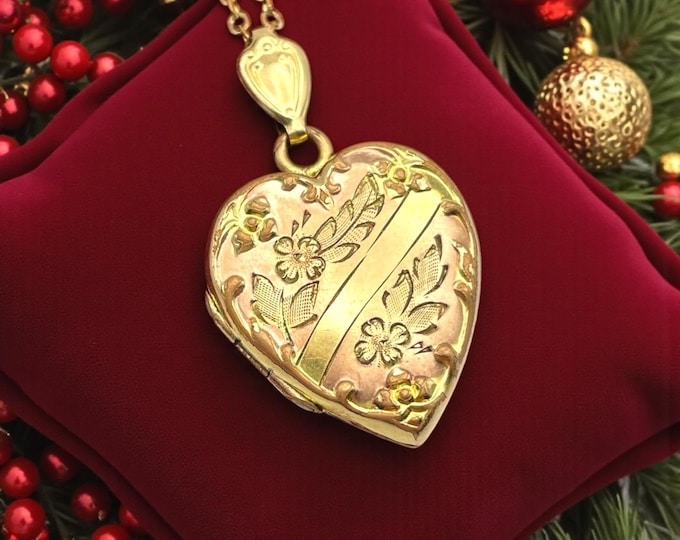 Vintage Floral Etched Heart Locket Necklace - 10K Gold Filled, 1910s Estate Jewelry