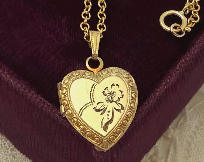 Vintage 12K Gold Filled Heart, Small Locket Necklace: Etched Floral, 14K GF Chain, Ladifair