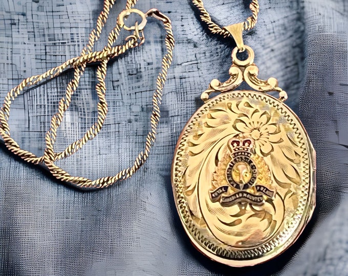 Vintage Burkhardt Oval Gold Filled Locket Necklace w/ Enamel Emblem Canadian Mounted Police & Etched Flower Scrollwork - 2 Photo Pendant