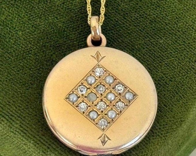 Art Deco Locket Necklace - Antique 14K Gold Filled Chain, Seed Pearls, B&B