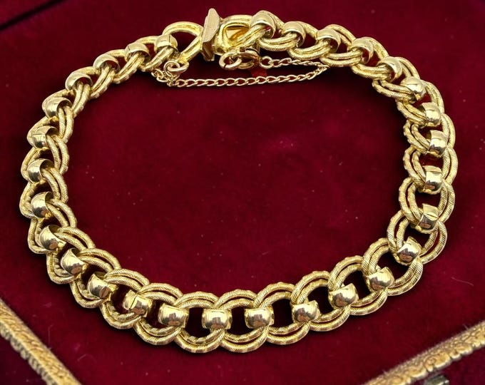 Vintage 12K Gold Filled Charm Bracelet – Heavy Double Link with Beaded Center by Jacoby Bender MCM Era, Textured Beaded Gold Bracelet