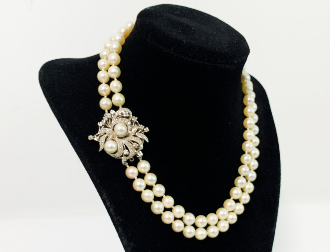 Vintage Pearl Necklace W/ 14K White Gold & Diamond Clasp