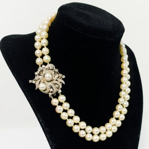 Vintage Pearl Necklace w/ 14K White Gold & Diamond Clasp Large Floral Design - Mid Century Double Strand Knotted Retro Choker w/ Appraisal