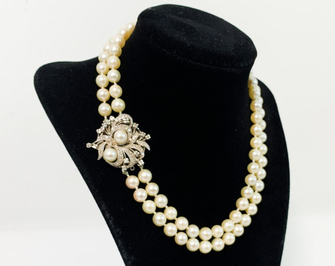 Vintage Pearl Necklace w/ 14K White Gold & Diamond Clasp Large Floral Design - Mid Century Double Strand Knotted Retro Choker w/ Appraisal