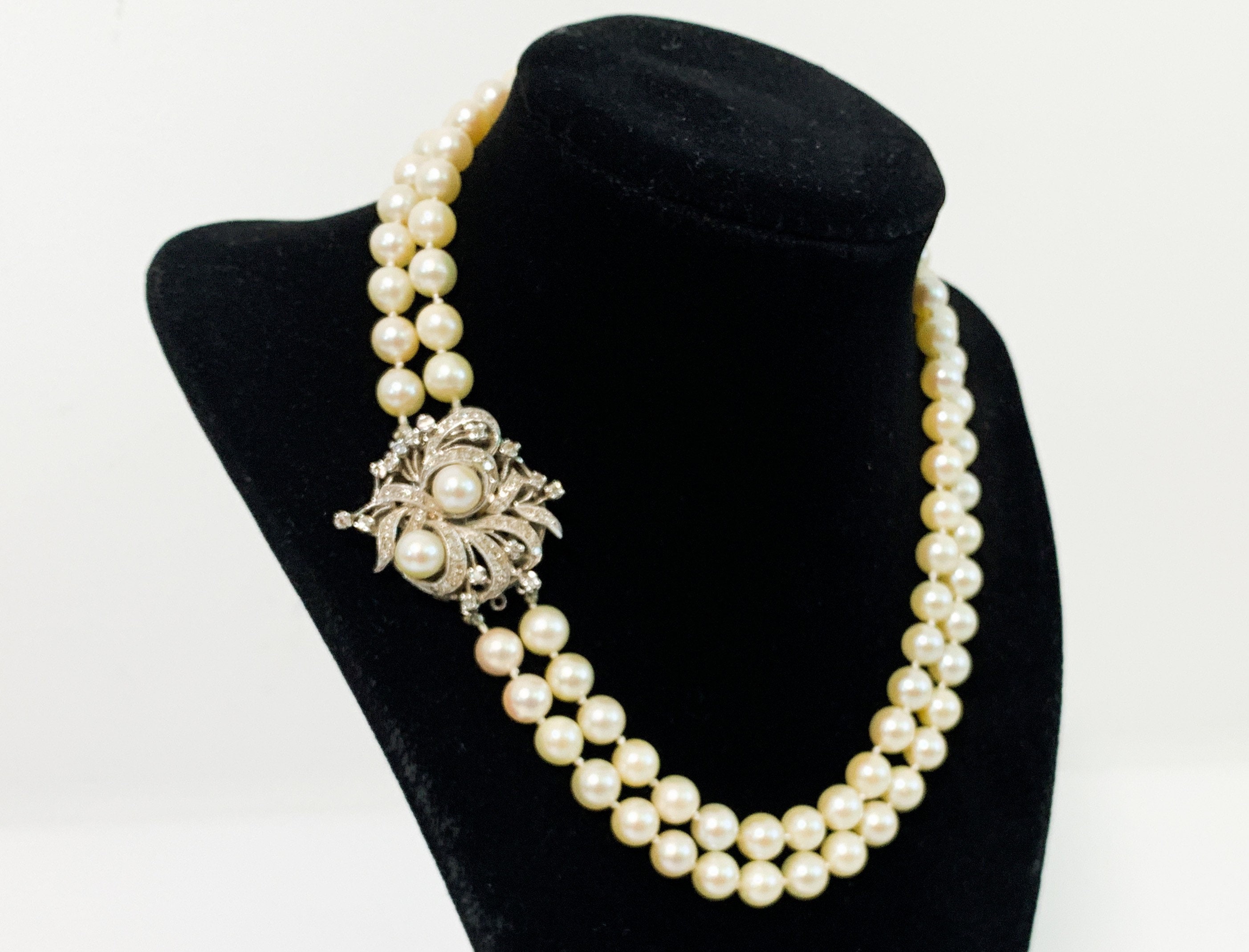 Vintage Pearl Necklace W/ 14K White Gold & Diamond Clasp Large Floral  Design Mid Century Double Strand Knotted Retro Choker W/ Appraisal 