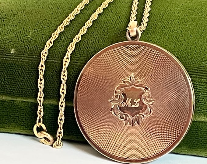 Vintage Gold Filled Etched Photo Locket Pendant on 12K GF Chain - Elgin Hallmark Round Engine Turned Necklace w/ 2 Photo Wells & ML Monogram