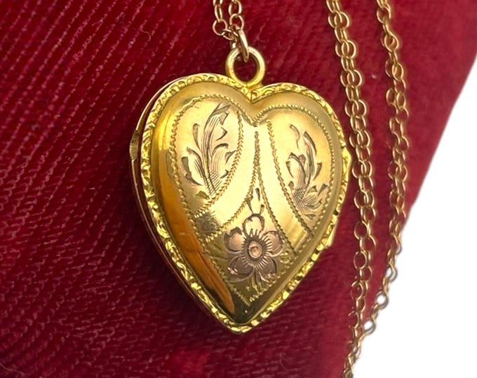 Vintage 12K Gold Filled Puffy Heart Locket - on GF Chain Engraved Jr. Prom 1952 Hobson Tricolor Sweetheart Pendant Necklace Estate Jewelry