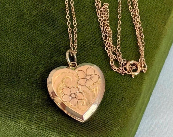 Vintage 10K Rose Gold Etched Heart Locket on 14K Rose GF Chain & LS Hallmark - 2 Photo Well Pendant - Retro Gift Girl Woman - Etched Flowers