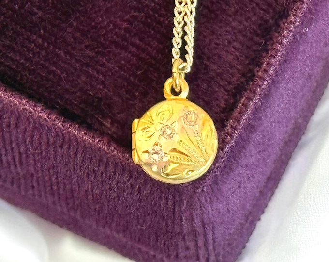 Vintage TINY Gold Filled Etched Locket on 14K GF Chain - Small Petite Round 2 Photo Pendant Butterfly & Flowers - HFB Barrows Estate Jewelry