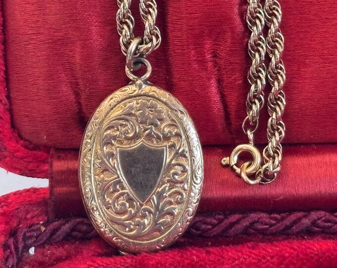 Antique Oval Locket w/ Ornate Etched Front Shield Cartouche KJ Hallmark - 2 Photo Wells - Vintage German Early 1900s Pendant on Long Chain