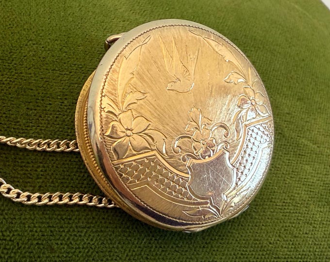 Art Nouveau 12K Gold Filled Locket Necklace: Antique Photo Pendant, 14K GF Chain